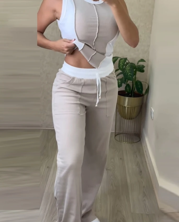 Sexy Elegant Colorblock Ribbed Tank Top & Pocket Design Pants Set New Fashion 2024 Summer Casual Womens Two Piece Sets Outfit