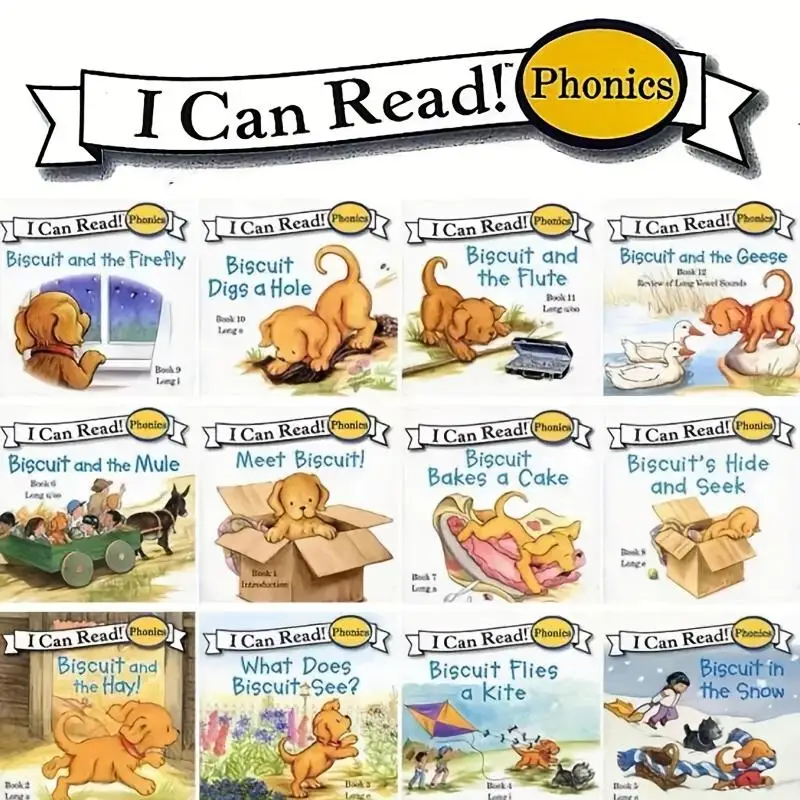1 Set of 12 Books, My First Grammar Book, Biscuit Series - Short Vowels and Long Vowels, English Picture Book Pocket Book, Bedtime Story Reading, Early Reader Learning to Read, Simple Visual Word Practice Reading, Grammar Learning Book, Birthday Gift, English Story, Sight Word Games, Book Reading, Language Development Materials for Learning Foreign Languages