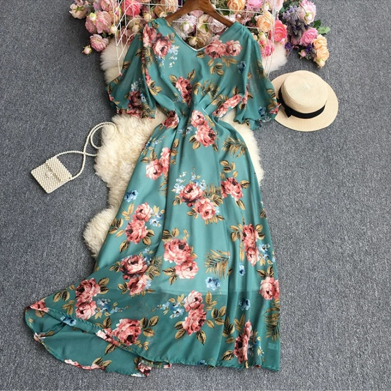 Vestido largo de gasa con estampado Floral para mujer, traje elegante de manga corta con cuello en V, ideal para fiesta y Club, Verano