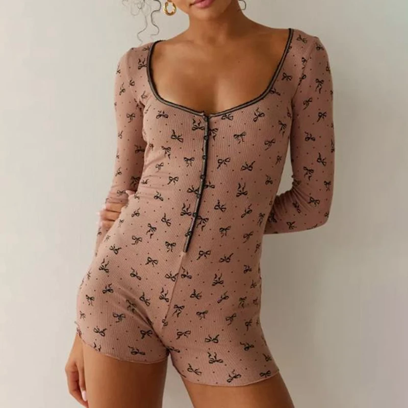 

Sweet Cute Bowknot Print Playsuit Pajamas Ribbed Button Up Long Sleeve Slim Fit Romers Bodycon 90s Vintage Women Short Jumpsuit