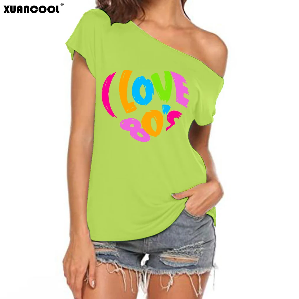 XUANSHOW 2024 Summer I Love 80s Heart Emotional Element T-shirt Sexy Off Shoulder Tops Short Sleeve Letters Printed Tee Shirt