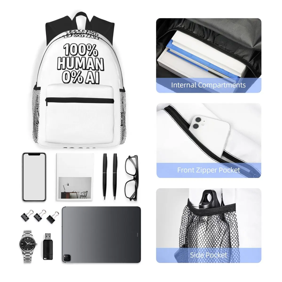 100% الإنسان 0% AI جريئة الاحتجاج بيان تصميم حقيبة ظهر الطالب حقيبة مدرسية المشي لمسافات طويلة السفر Daypack حقيبة الكتب حقائب كتف #4