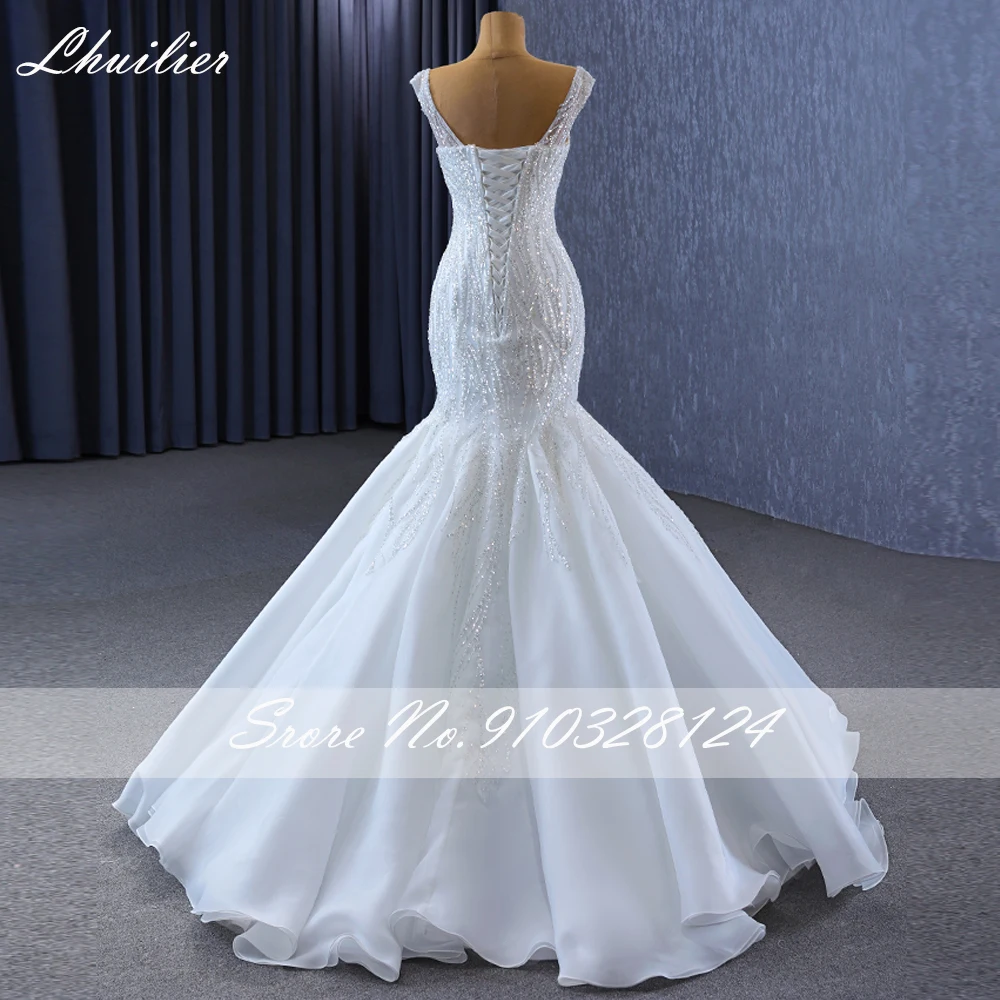 Lhuilier Customized Sweetheart Neckline Mermaid Lace Wedding Dresses Sleeveless Crystal Beaded Bridal Gown with Court Train