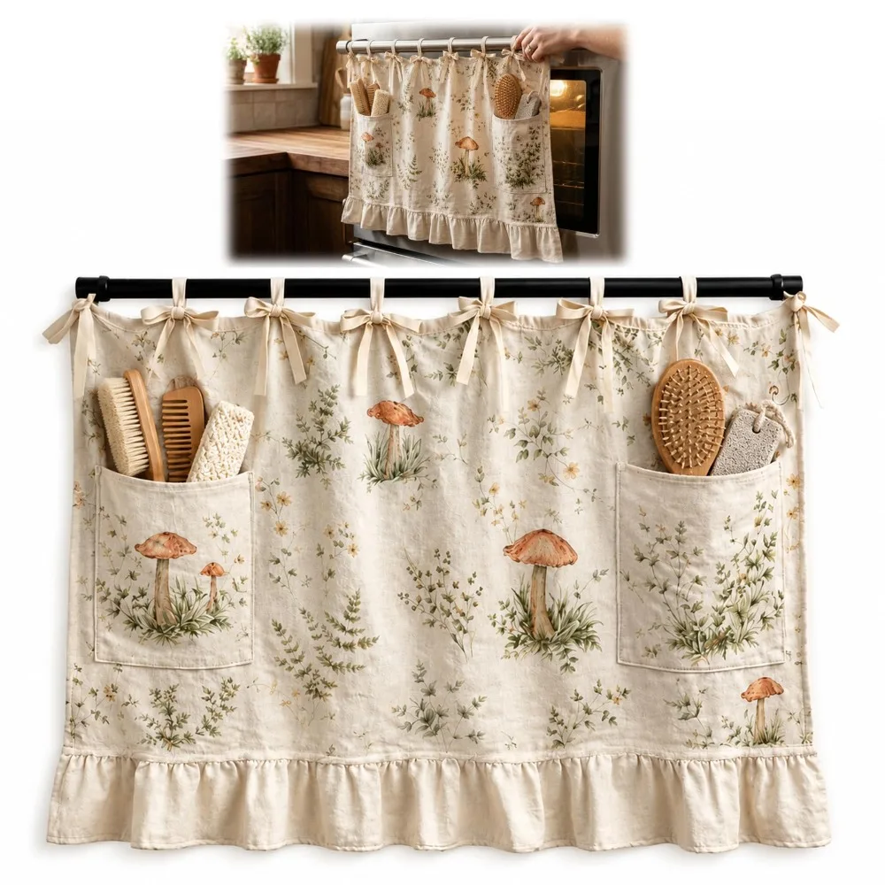 Kitchen Dishwasher Hidden Curtains with Pockets Ribbon Ties and Ruffled Trim for Dishwasher Washing Machine Range Hide Clutter