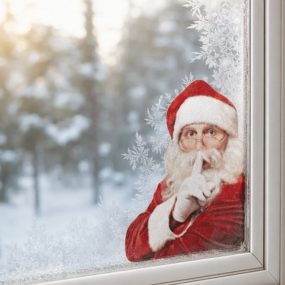2D Flat Static Cling Window Sticker Reusable No Residue Christmas Decal Realistic Print Removable Peeking Santa Claus Bedroom