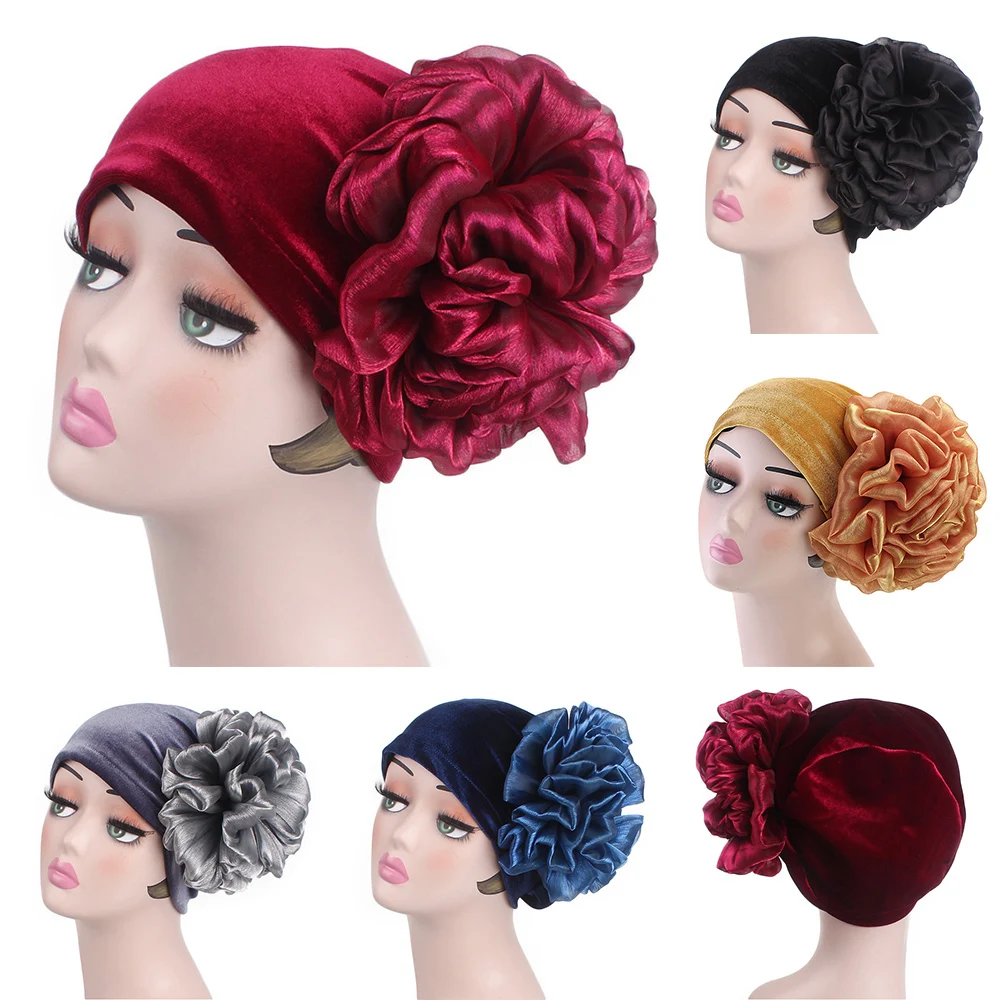 

Elegant Woman's Velvet Turban Cap with Large Flower Muslim Hijab Bonnet Headscarf For Lady Solid Color Beanie Hat Head Cover