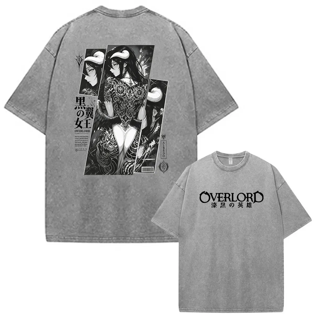 Japanisches Anime Albedo Overlord Vintage Washed T-Shirt für Männer und Frauen, Harajuku Oversized Baumwoll-T-Shirt, Modische Manga-Kleidung – Detail 3