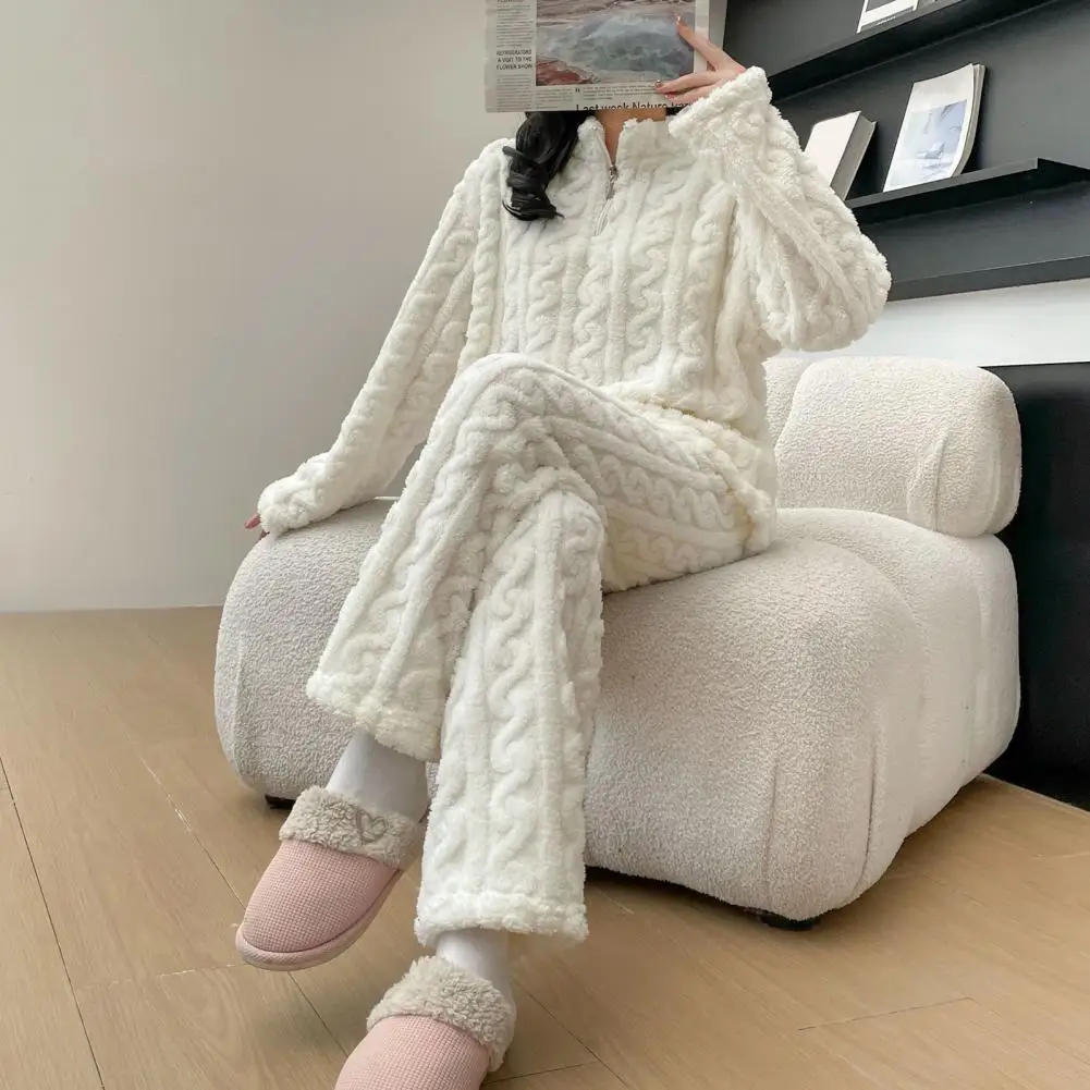 Coral Velvet Pajamas Cozy Winter Pajamas Set with Stand Collar Zipper Closure Thick Coral Fleece Homewear for Nights