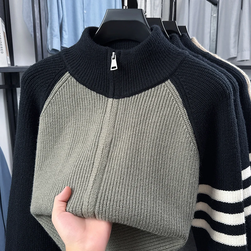 Hochwertige Herren-Strickjacke, Modemarke, gestreift, mit Reißverschluss, Stehkragen, Herbst/Winter, neuer, personalisierter, lässiger Pullover-Mantel – Detail 7