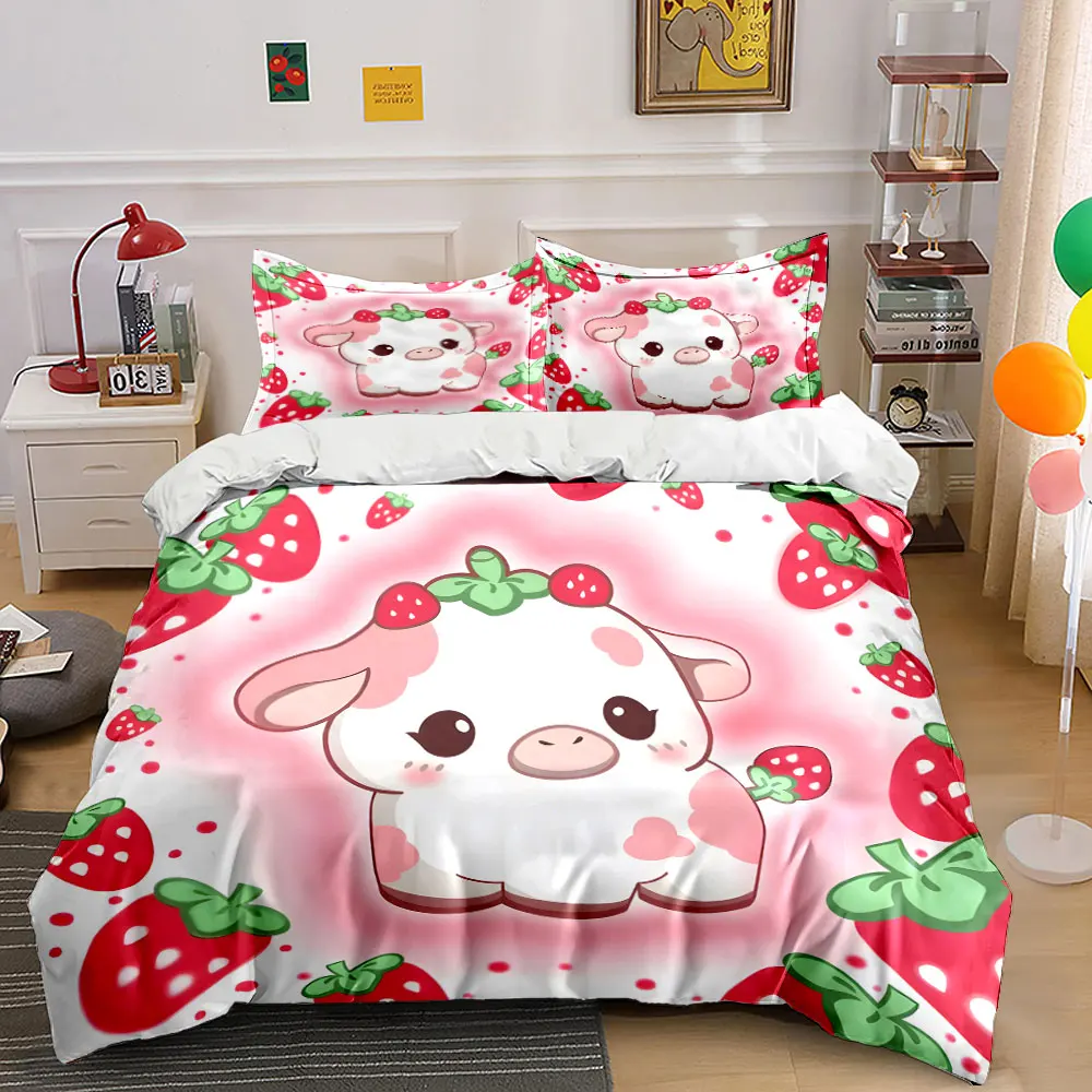 Cute Cartoon Strawberry Cow Print Bedding Set 1 Duvet Cover 2 Pillowcases for Adult and Children Luxury Gift Full Size