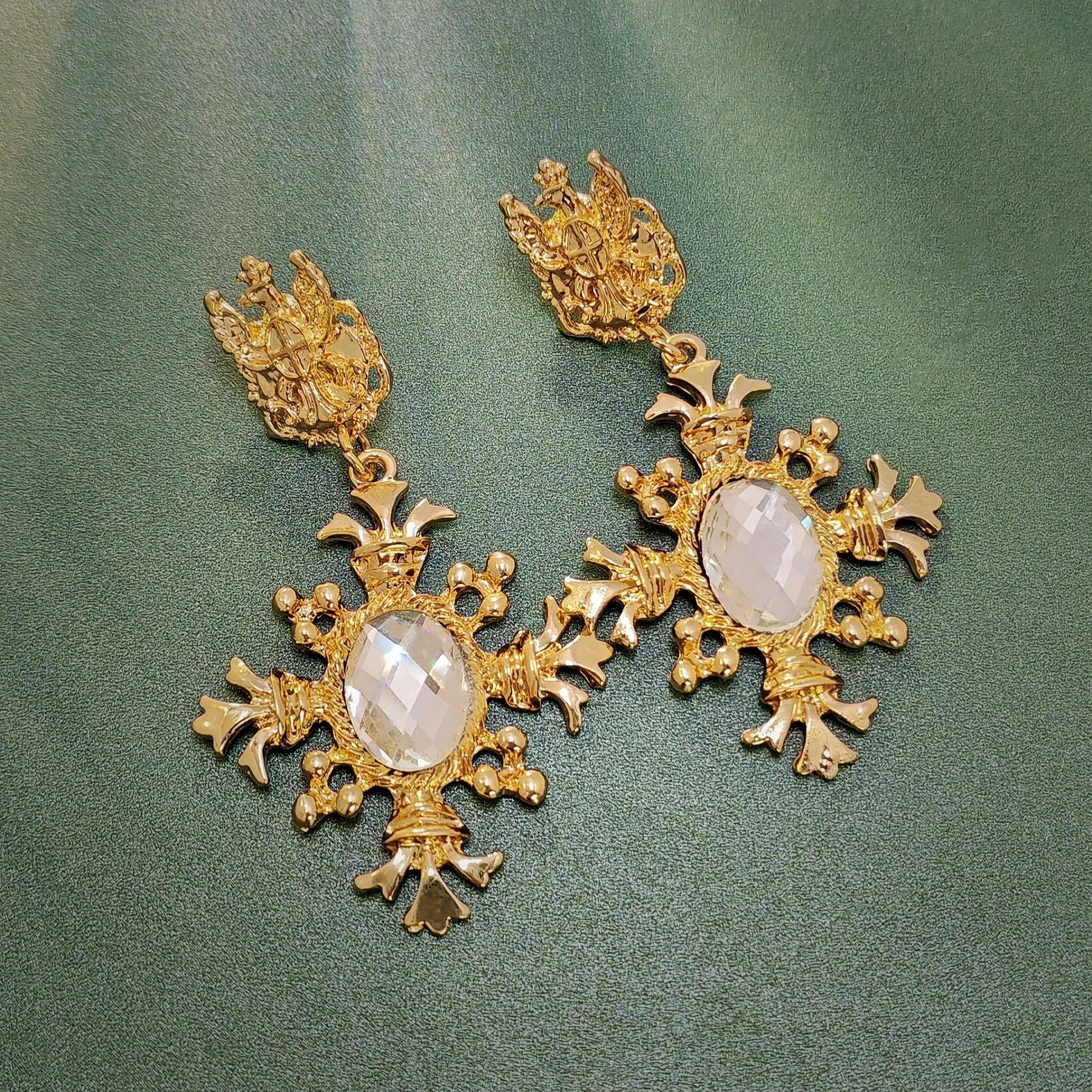 Italian Antique Gold Eagle and Clear Maltese Cross Drop Earrings Wedding Church Jewelry