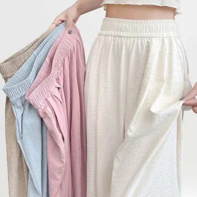 

Pop Summer New Women's Loose Wide Leg Pants Ice Silk Thin Hanging Sense Casual Trousers Large Size Match All Mountain Brand