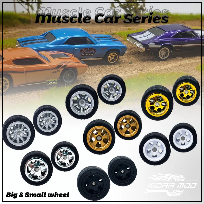 Kickcar 1/64 Muscle Car Wheels Rubber Tires Front Small and Rear Large Detail-up Modified Kit for 1:64 Sports Car Toy(5 sets)