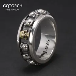 S925 Sterling Silver Rotating Spinner Skull Mens Rings Retro Punk Rock Style Aneis Vintage Fine Jewelry