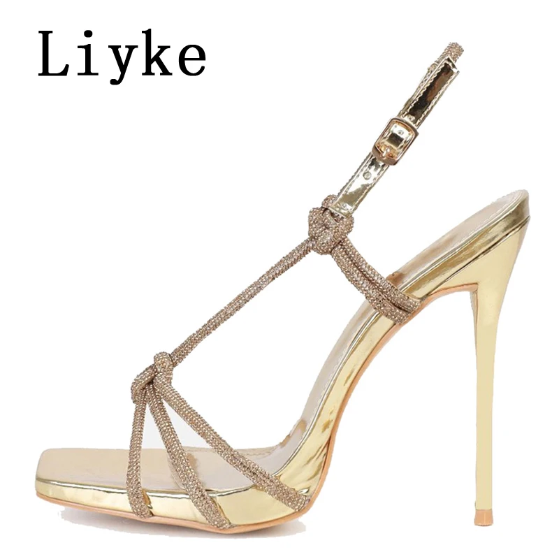 Liyke Sexy Golden Crystal Back Buckle Strap Sandals Women Summer Party Nightclub Stripper Heels Glitter Rhinestones Ladies Shoes