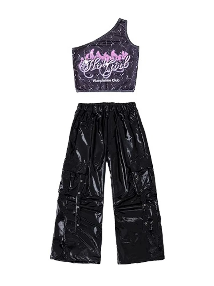 Kpop Jazz Dance Kleidung Hip Hop Kinder Leistung Anzug Sommer Nabel Tops Leder Hosen Mode Laufsteg Zeigen Straße Tragen BL16626