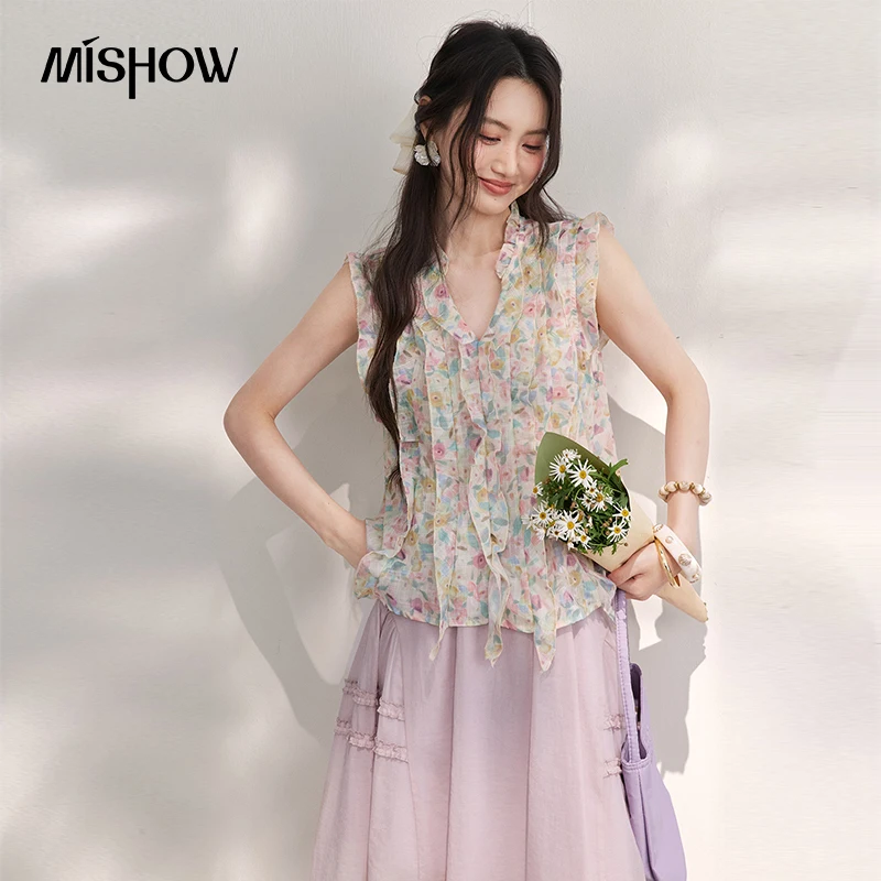 

MISHOW Women's Floral Print Sleeveless Blouse 2026 Summer Ruffle V Neck Sweet Blouse Flowy Loose Pink Floral Tank Top MXF29X2744