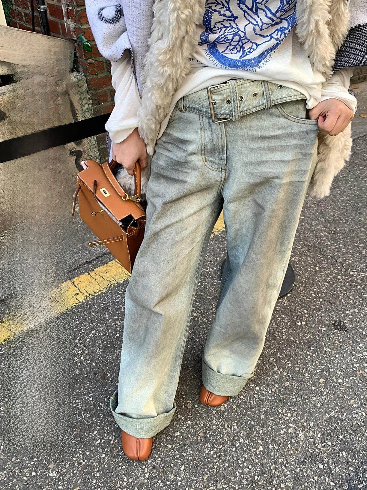 

Джинсы IUIU: широкие брюки из денима с эффектом потертости, повседневные, с высокой талией, длинные, для женщин, осень-зима, модные женские джинсы