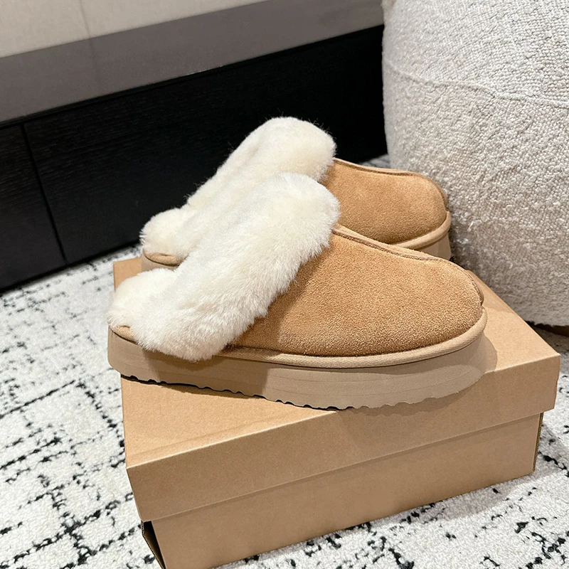 2024 shoes women slippers  slides furry paltform winter flat wool high quality  Ankle leather  fur ladies