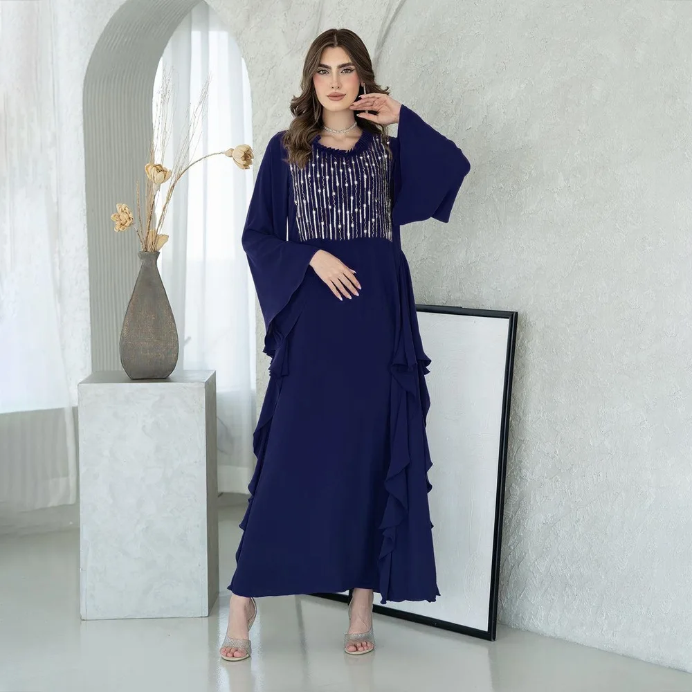 

Muslim 2024 Summer Women's Robe Lotus Leaf Long Sleeve Hot Diamond Temperament Elegant Commute Casual Style Dubai Abaya Dress