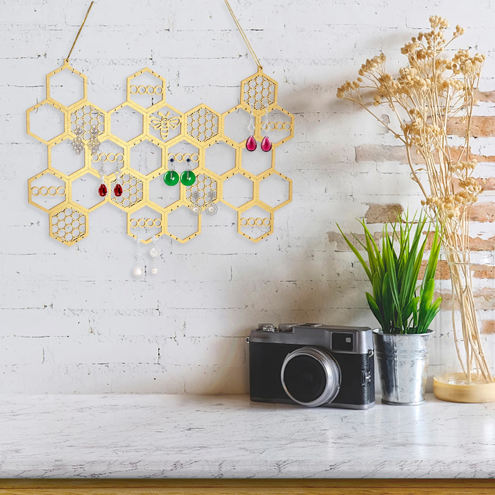

Ear Studs Display Stand Wooden Honeycomb Earrings Organizer Jewelry Rack Small Hanging Shelf Decorative Storage