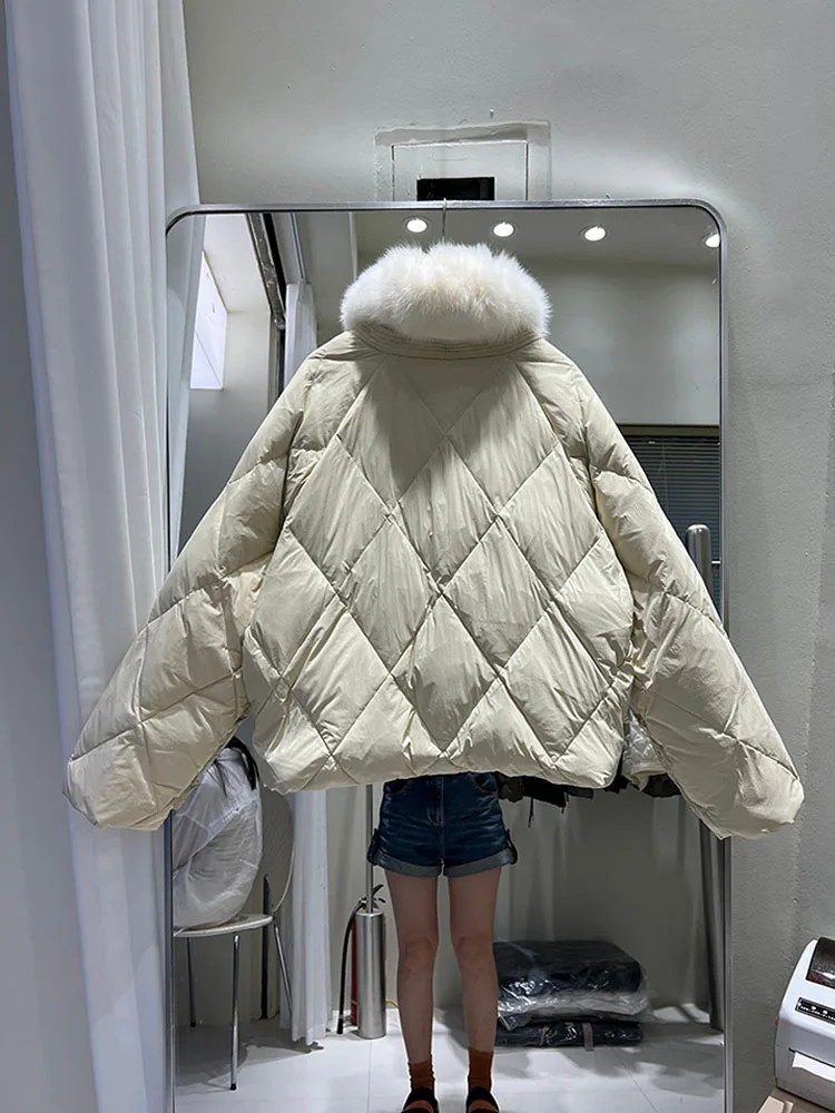 2023 Real Fox Fur Collar Winter Women 90%White Duck Down Jacket Ladies Short Warm Puffer Coat Female Loose Vintage Parka