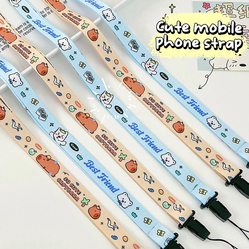 Cute Cartoon Multi-function Little Bear Capibala Widened Anti-lost Mobile Phone Hanging Rope Phone Case Hanging Neck Long Rope