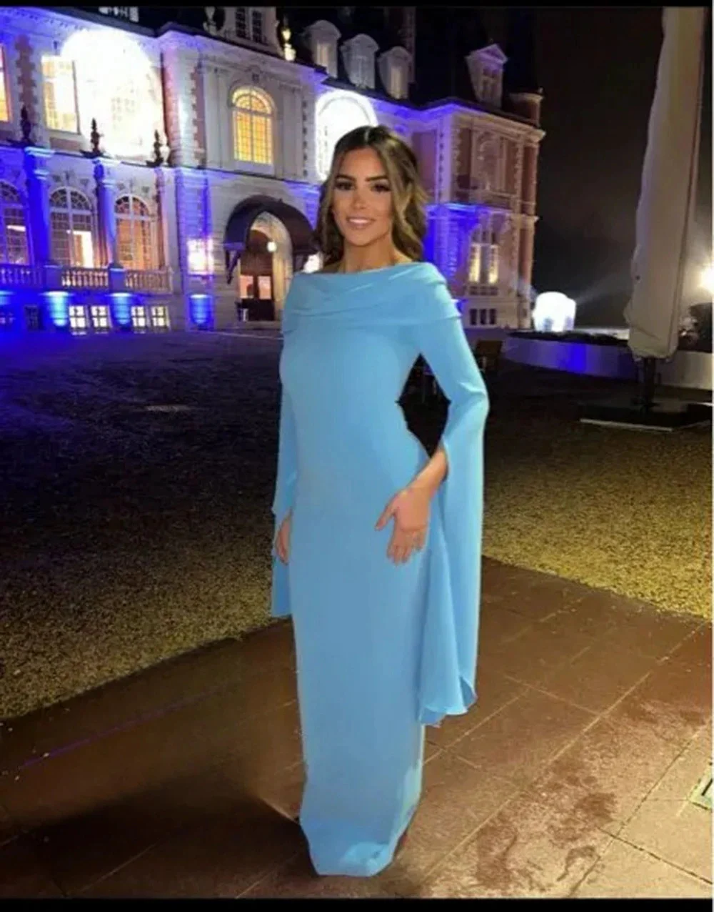 Sansa Elegant Blue Off Shoulder Prom Dresses Mermaid Long Sleeved  Vestidos de fiesta Chiffon Pleats Ankle-Length فساتين سهرة