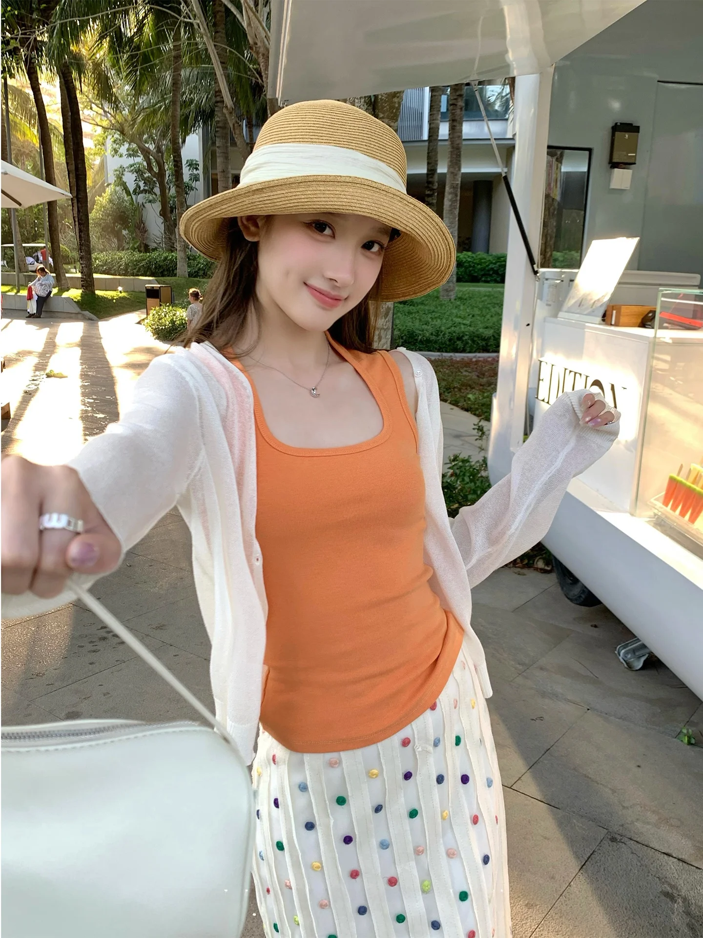 

Summer Orange Strapless Vest White Sunscreen Thin Cardigan Fashion Set Women's Top Two-Piece Set Spicy Pickled Cabbage Korean...
