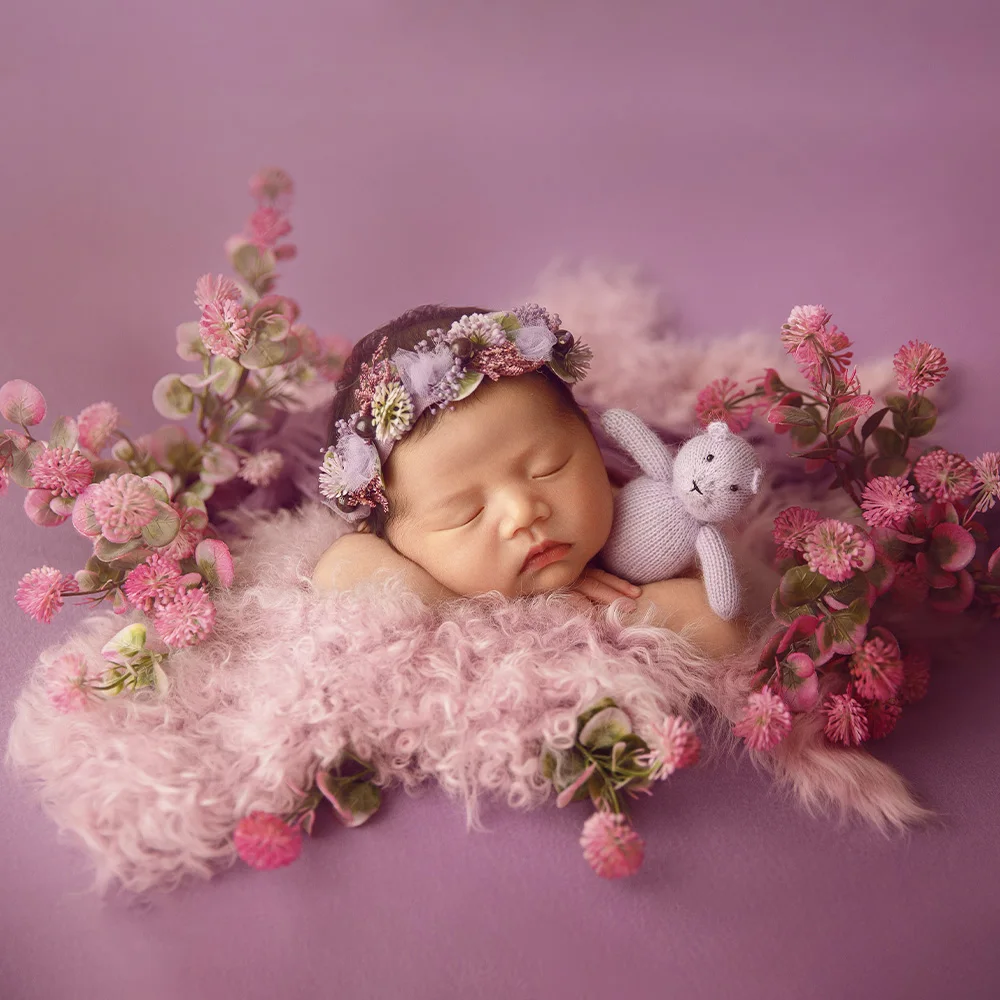 Purple Theme Newborn Photography Studio Props Kit Flower Headband Soft Furry Wool Blanket Knitted Bear Doll for Cute Baby Photos