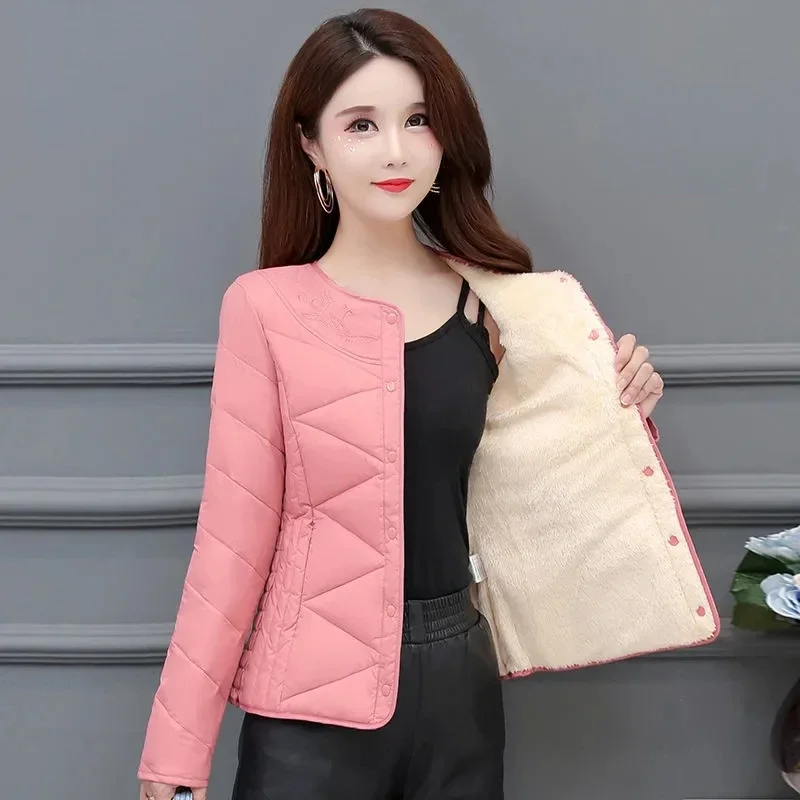 Women's Inner Short Mother's Wear Velvet Thickening Middle-Aged Elderly Mom Wear Pocket Jacket Pink Winter Down Padded Jacket