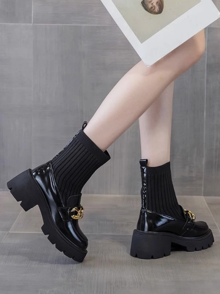 

British Style Women One Piece Loafer Sock Boots High Heel Chunky Heel Black Ankle Boots For Skirts Wide Leg Pants