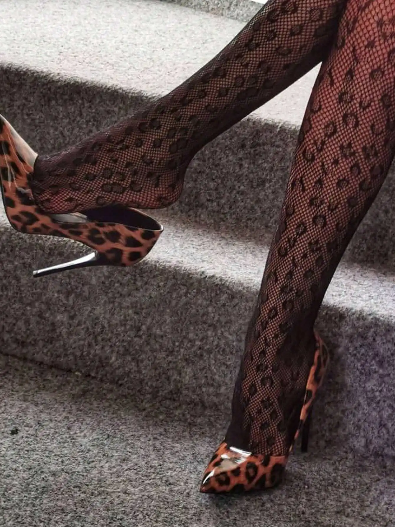 1pc Women's Black Leopard Print Mesh Tights, Fashion Punk Street Style Cool Girls' Base Layer Pantyhose
