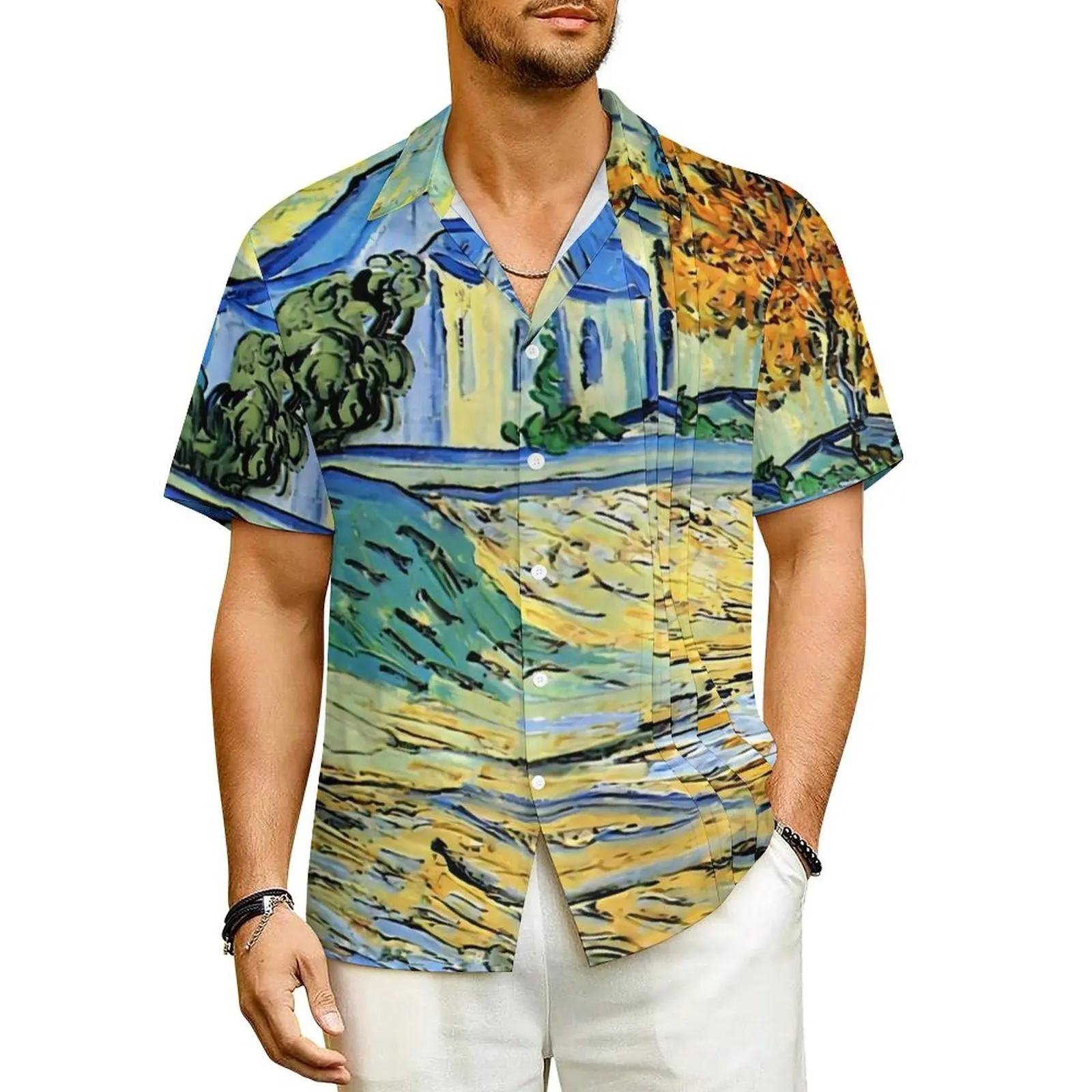 

Van Gogh Hawaii Shirt For Men Beach The Church Of Saint Paul Casual Shirts Short Sleeves Y2K Design Vintage Plus Size Blouses