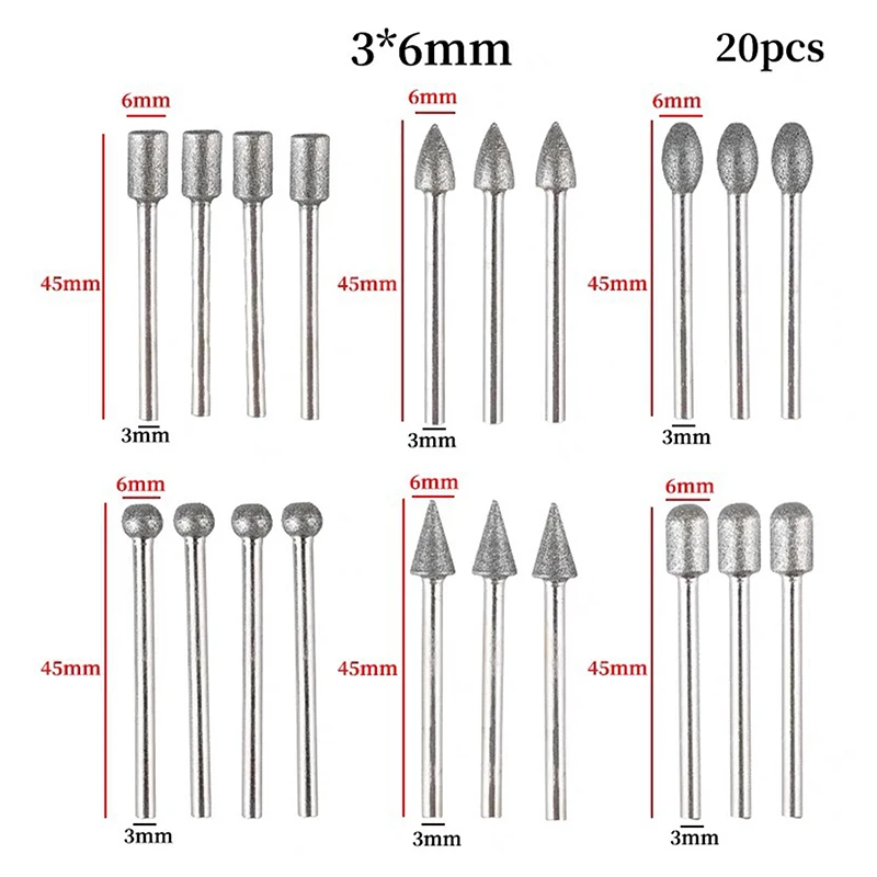 Kit di punte da trapano con mini teste diamantate da 20 pezzi, utensili per molatura rotativa con gambo da 3 mm