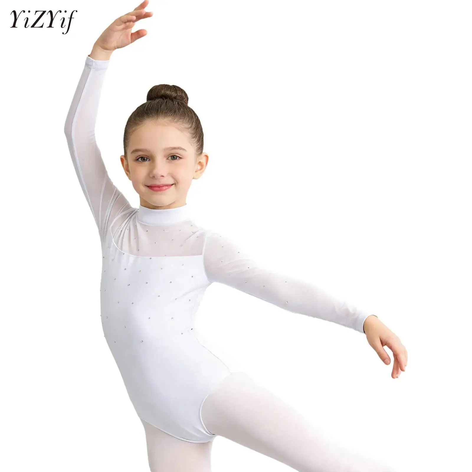 

Girls Long Sleeve Dance Leotard Kids Shiny Rhinestone High Neck Black Ballet Leotards Dancewear Turtleneck Gymnastics Bodysuits