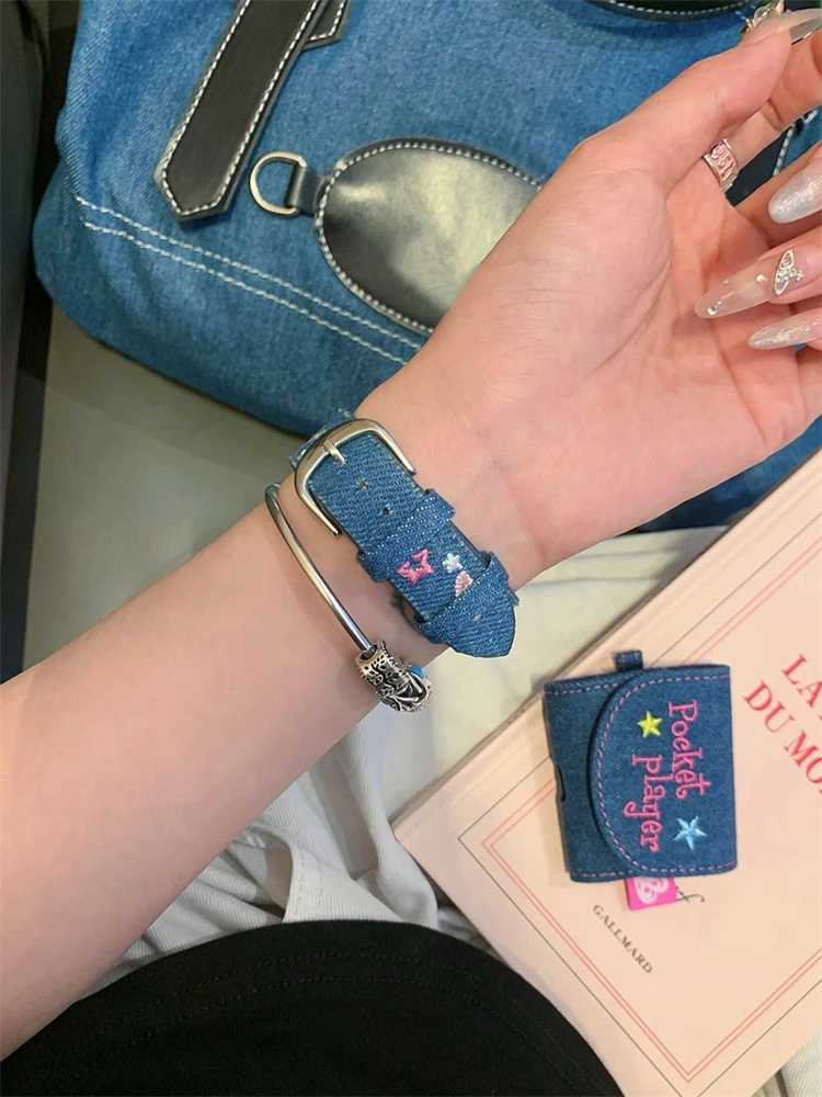 Y2k Star Butterfly Embroidered Denim Leather Watch Strap For Apple Watch Band 41mm 40mm 38mm Girl Band For iwatch 8 7 SE 6 5 4 3