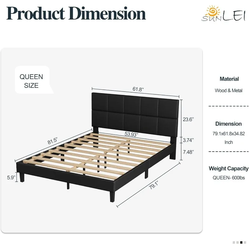 Platform bed frame Queen size, tufted Queen bed frame, leather upholstered headboard, easy to assemble, black