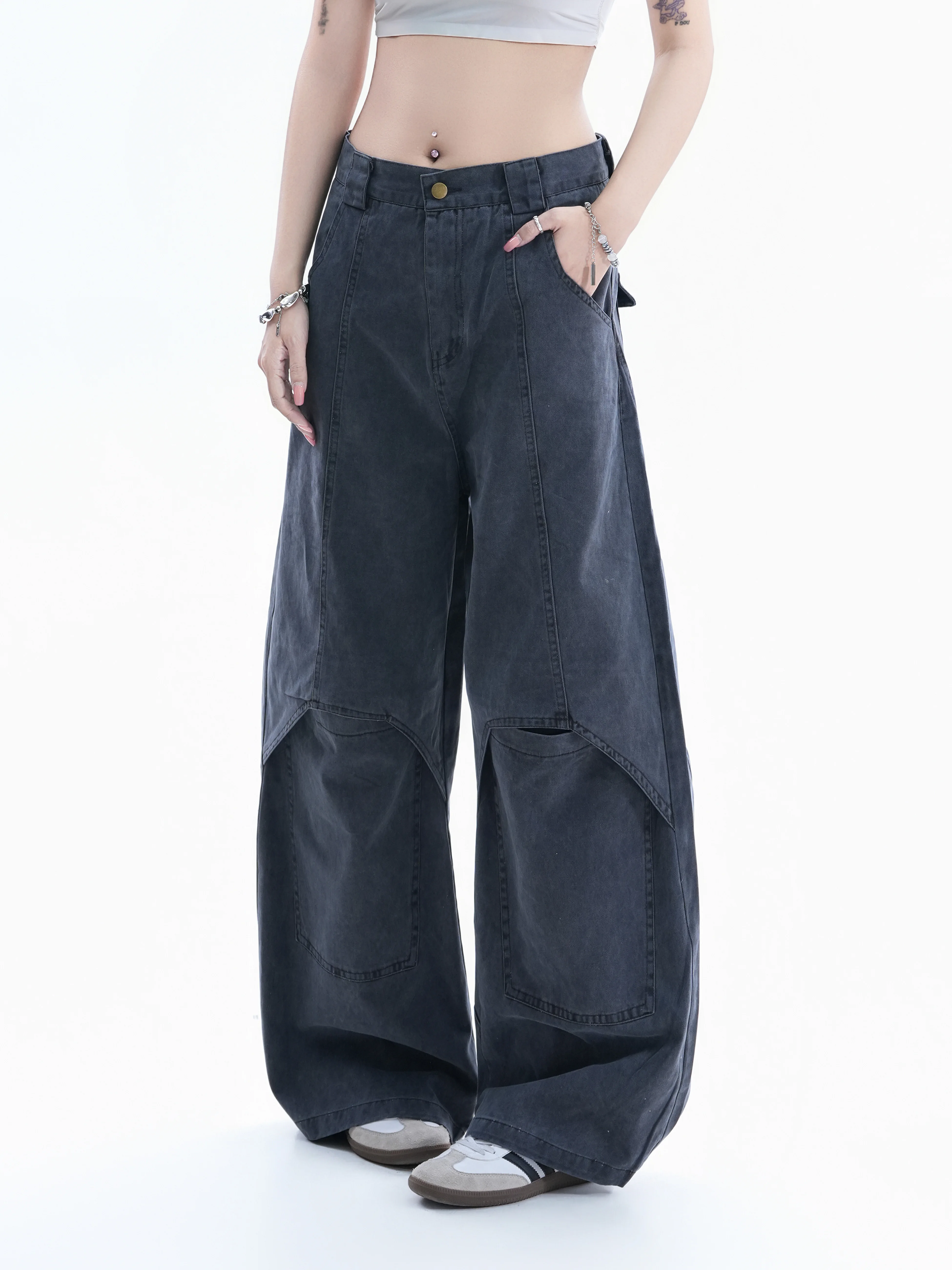 Retro American Washed Knife  Wide Leg Denim Jeans Women Loose Fit High Street Sweet Cool Workwear Pants Deep Color