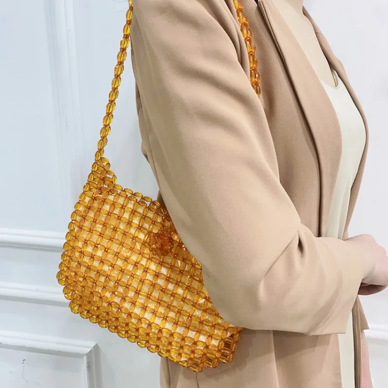 

Transparent Acrylic Crystal Beadsed Shoulder Bag Summer Handmade Tote Handbags with Inner Pocket Simple Casual Clutch Bag