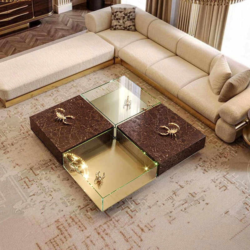 

Marble square coffee table combination modern high-end villa living room art glass tea table
