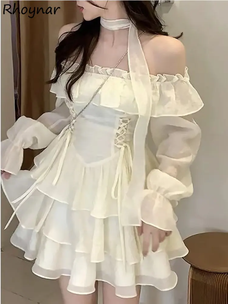 Gaun Mini Wanita Pakaian Leher Potong Estetika Mode Korea Ramping Hotsweet Ruffles Putri Genit Pinggang Tinggi Chic Kawaii