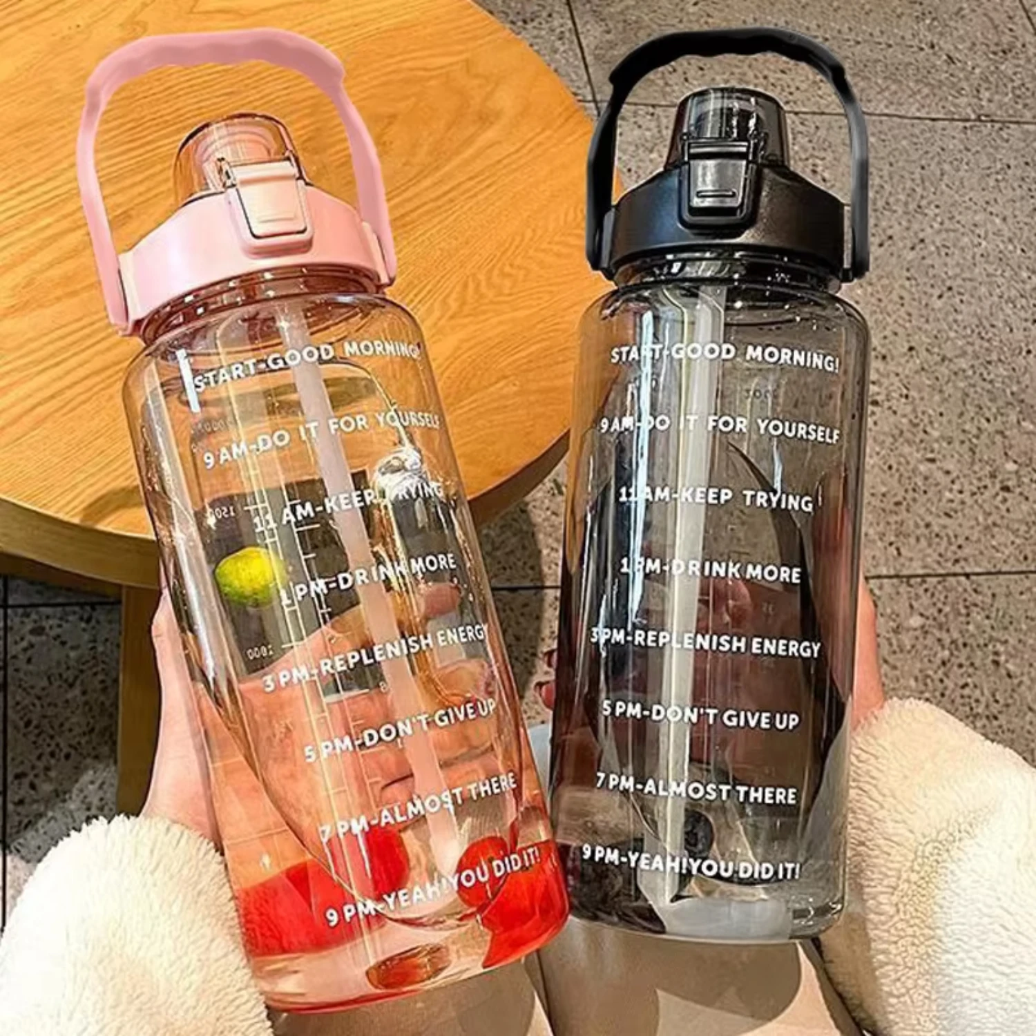 

2000ML Water Bottle with Straw Plastic Large Capacity Bottles with Time Marker Girls Drinkware Portable Travel Outdoor Sport Cup