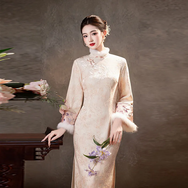 New Chinese Style Suzhou Long Sleeved Cheongsam Winter Thick Version Improved for Young Women's High-end Daily Qipao Dress
