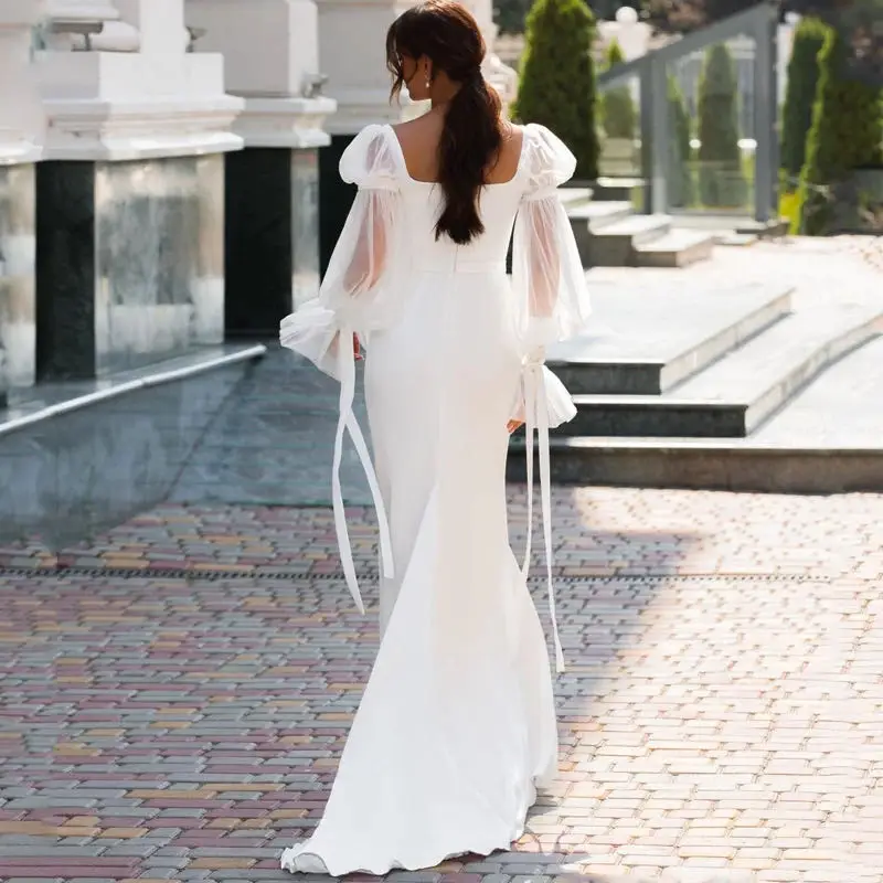 

Elegant Satin Wedding Dress Long Puff Sleeve Sexy Beach Square Collar Bridal Gowns Custom Made Summer Robe De Mariee