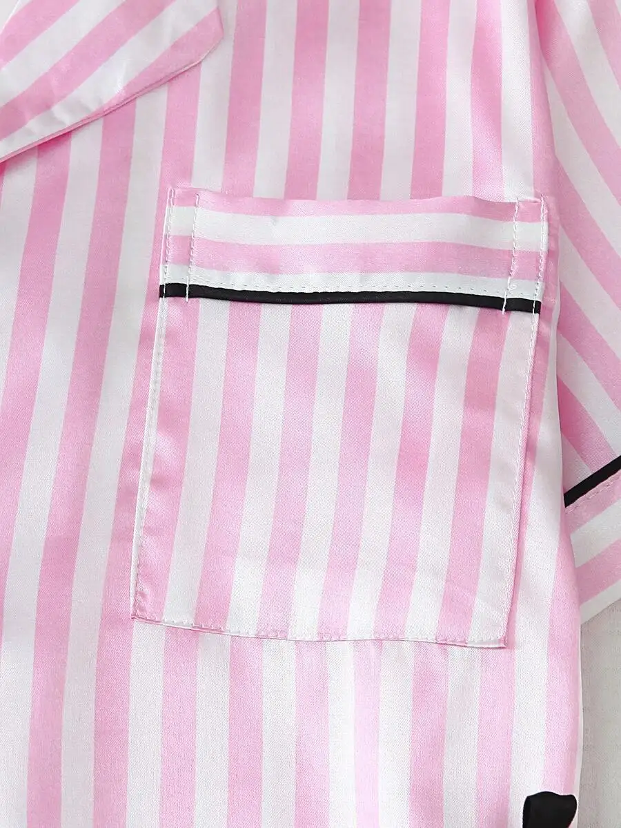 

Women Satin Short Sleeve Collar Top And Striped Pants Pajama Set