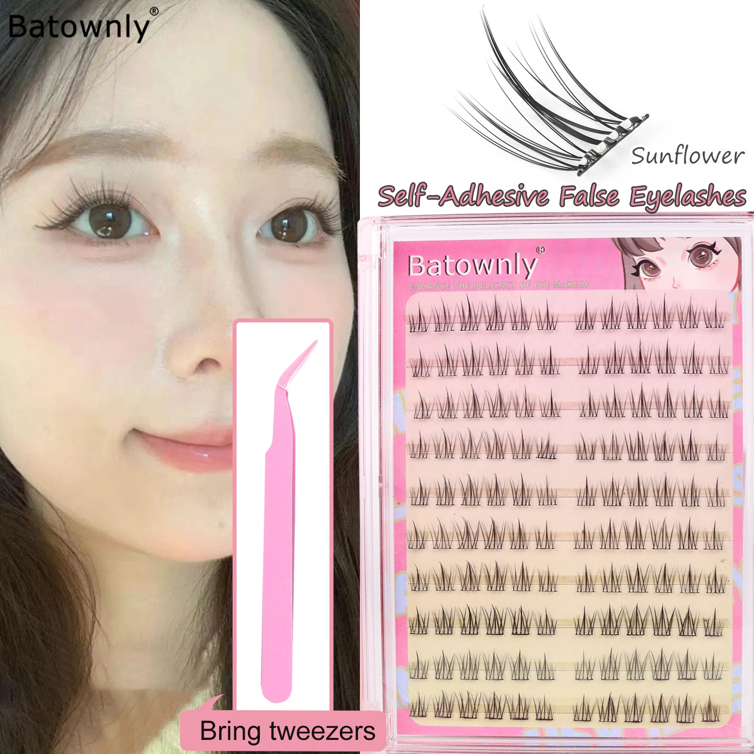 120Pcs Self-adhesive Cluster Sunflower Single Cluster DIY False Eyelashes Natural Trilogy Glue Free False Eyelashes with Tweezer