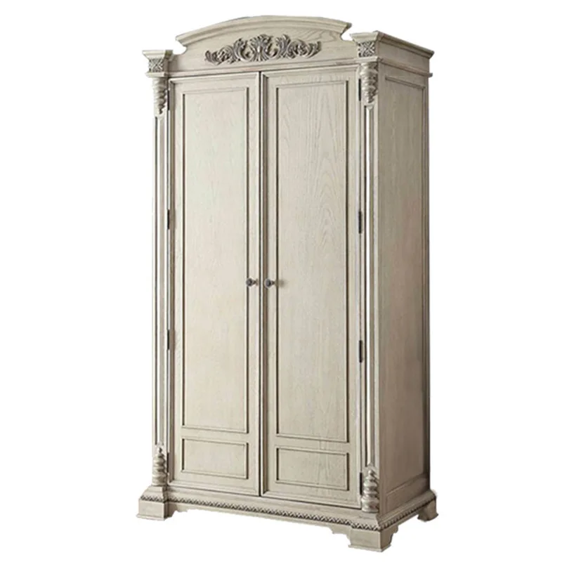 

American country solid wood double door wardrobe French retro carved wardrobe weathered white old storage cabinet