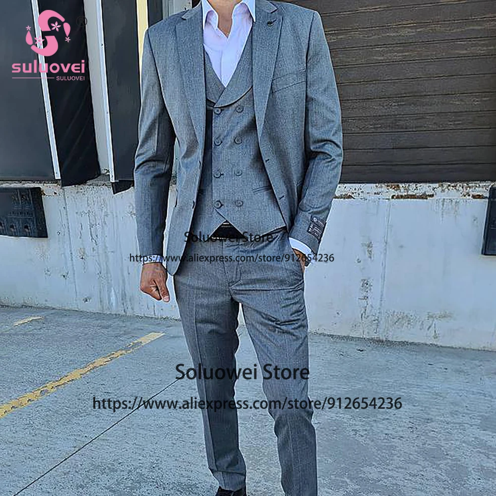 

Fashion Grey Slim Fit Suits For Men 3 Piece Jacket Vest Pants Set Formal Groom Wedding Peaked Lapel Tuxedo Male Business Blazer