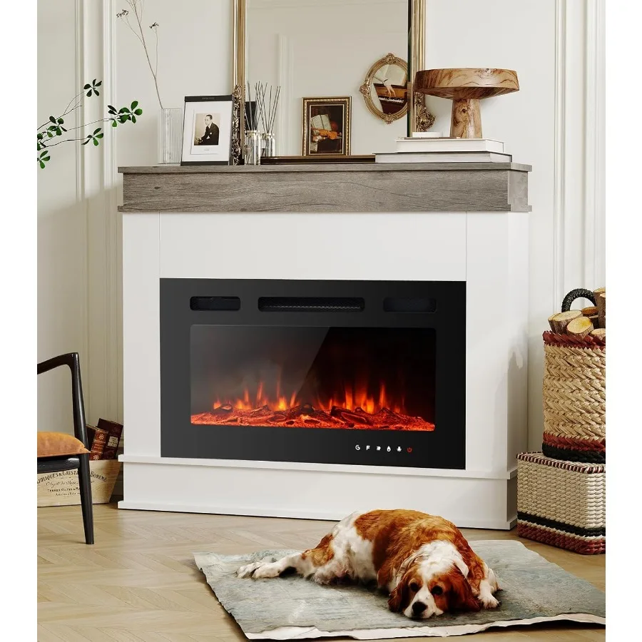 Electric Fireplace Insert for Living Room with 12 LED Colors White Freestanding Heater with Logset and Stones 1500W/750W 40inch